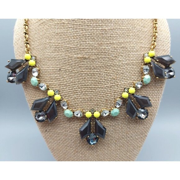 J.Crew Gold Tone Chain Gray Crystal Blue Bead Collar Length Statement Necklace - Picture 4 of 9